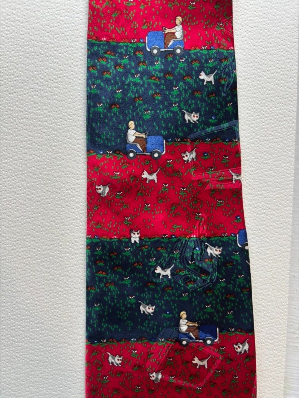 Men’s Mowin’ Man silk Necktie  with kitties- joyful & fun & timely for spring